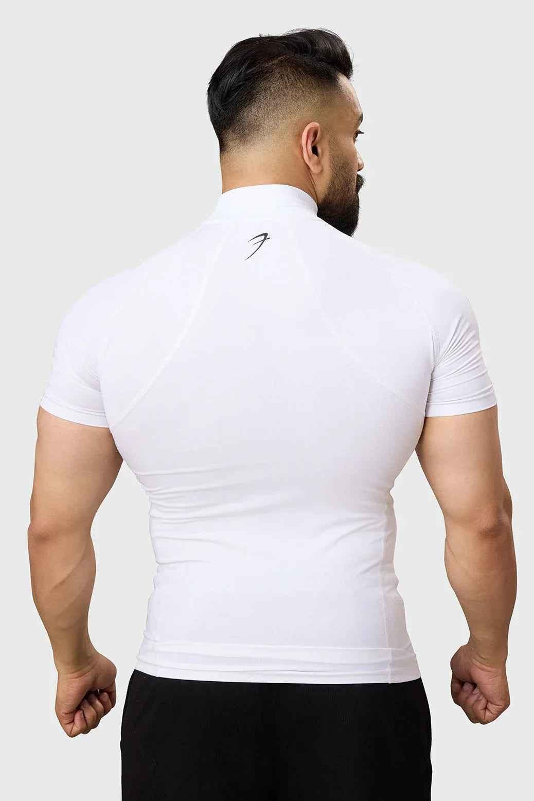 White high neck compression T-shirt by Fuaark NZ, close-up of fitted fabric and sleek design for athletic support.