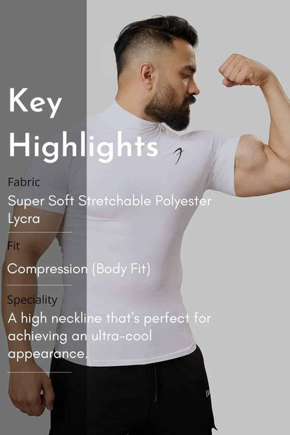 White high neck compression T-shirt by Fuaark Nz, close-up showing fabric texture and fitted design for athletic support.
