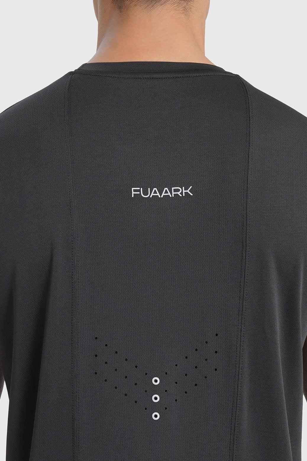Black laser cut running T-shirt from Fuaark Nz, showcasing breathable fabric and stylish design for active wear.
