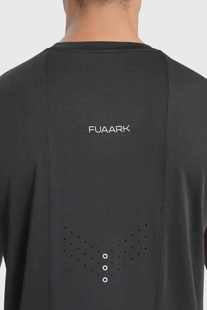 Black laser cut running T-shirt from Fuaark Nz, showcasing breathable fabric and stylish design for active wear.