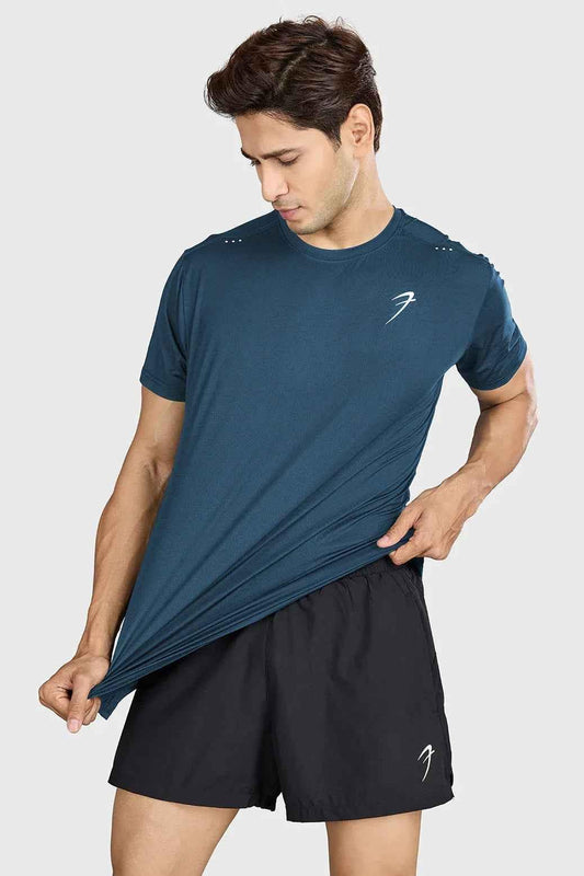 Laser cut Orion Blue running T-shirt by Fuaark Nz, lightweight athletic T-shirt with laser cut details for active wear.