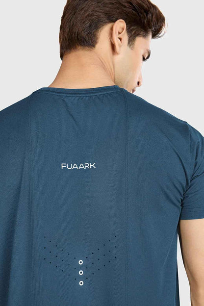 Blue laser-cut running T-shirt by Fuaark Nz with intricate cutout design, ideal for activewear and athletic activities.