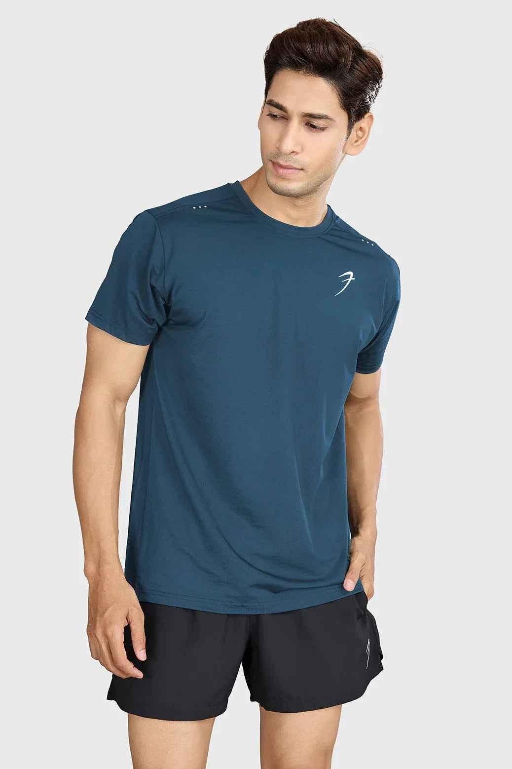Blue laser-cut running T-shirt by Fuaark Nz featuring a sleek design and breathable fabric for active wear.