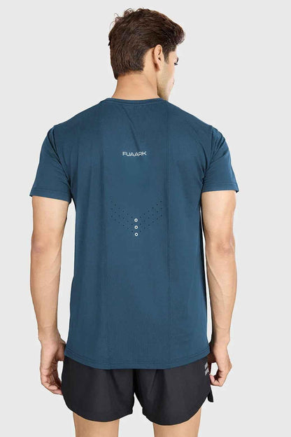 Blue Orion Laser Cut Running T-shirt by Fuaark Nz, lightweight athletic tee with laser-cut design for active wear.
