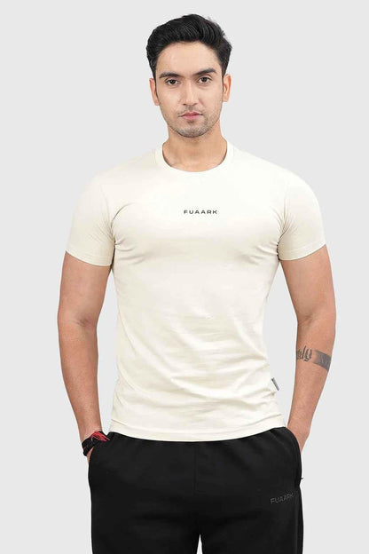 Fuaark Nz beige crew neck T-shirt for men, showcasing a simple, classic design with comfortable fit and timeless style.
