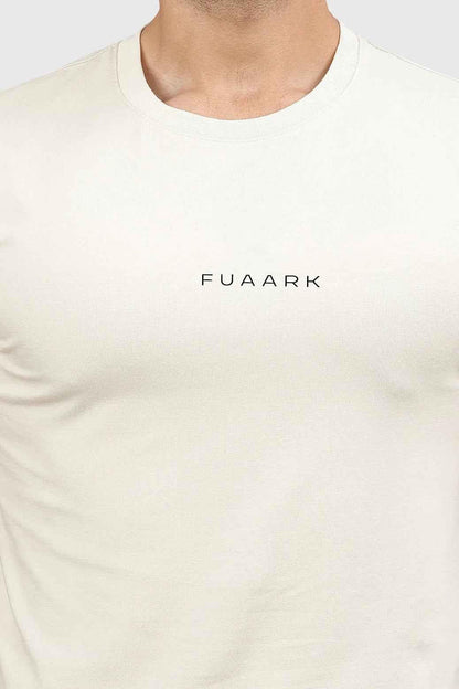 Fuaark Nz beige crew neck T-shirt for men, casual style and comfortable fit, shown on model.
