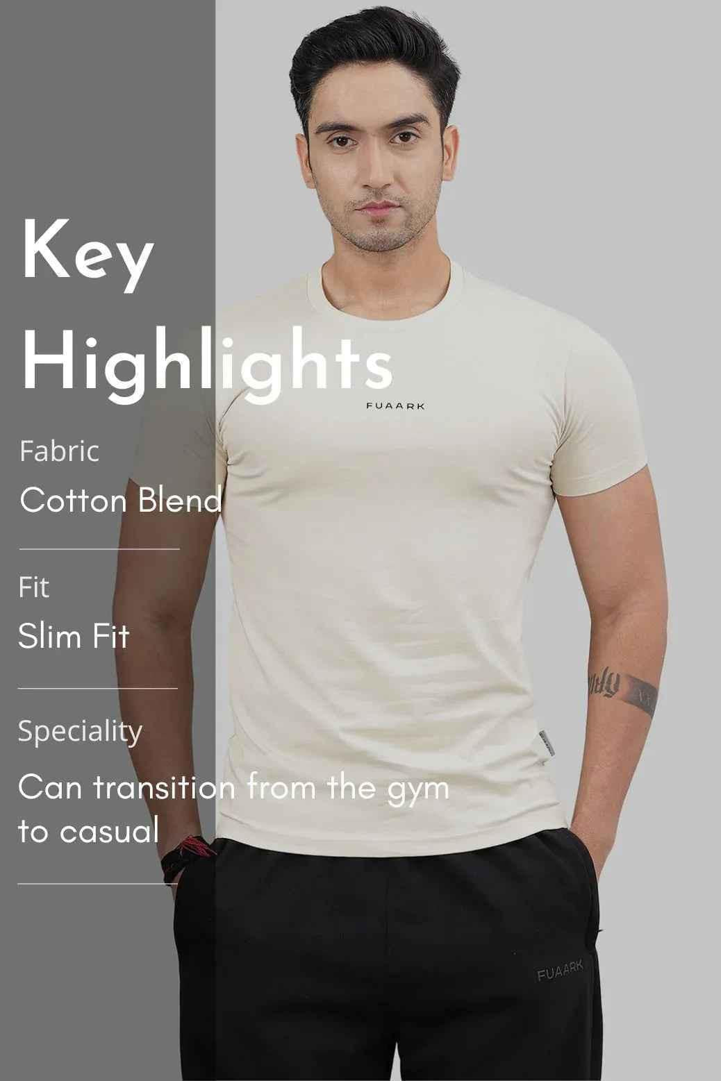 Fuaark Nz beige crew neck T-shirt for men, showcasing classic style and comfortable fit in a versatile casual look.
