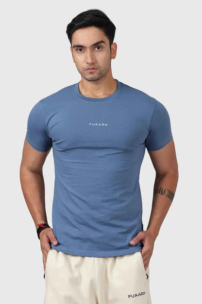 Fuaark Nz Legacy Crew Neck T-shirt in Dusk Blue, soft cotton, fitted style, displayed on a hanger.