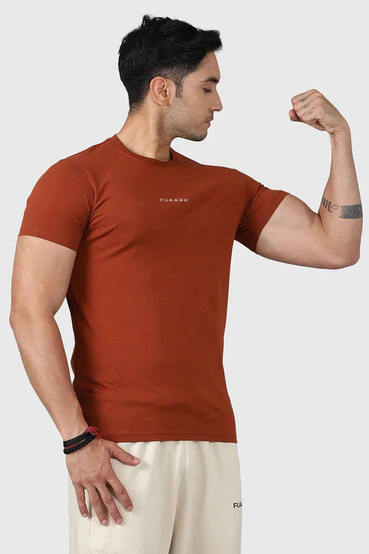 Fuaark Nz Legacy Crew Neck T-shirt in Salsa Brown, soft cotton fabric, close-up of the comfortable fit and classic design.