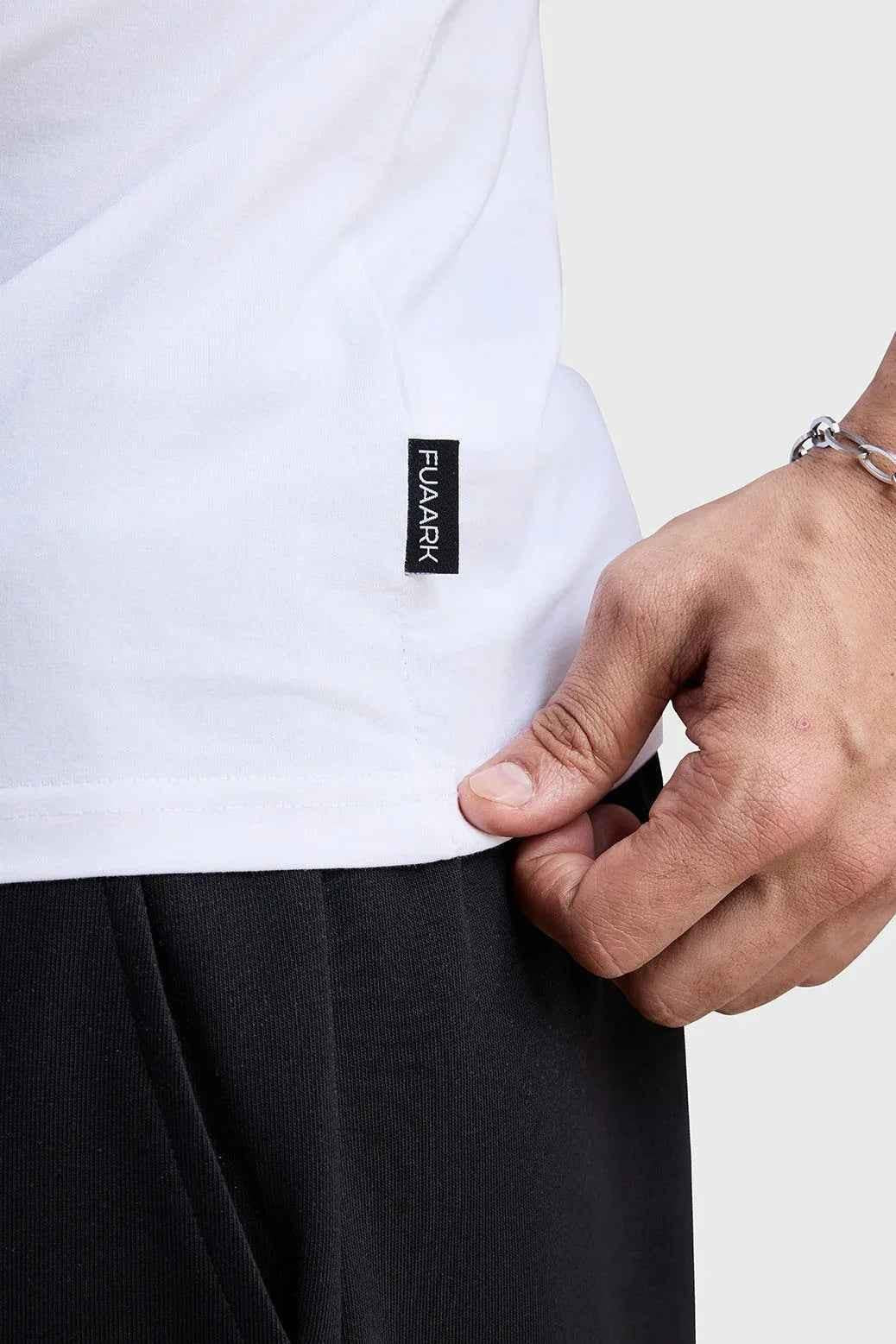 White Fuaark Nz Legacy Crew Neck T-shirt, casual cotton shirt with classic fit and short sleeves, front view.