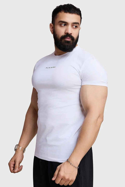 White Legacy Crew Neck T-shirt by Fuaark Nz, showing a comfortable crew neck design and soft cotton fabric.