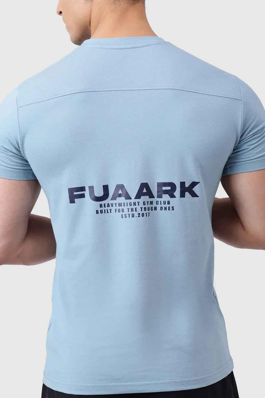 Light blue Pulse T-Shirt by Fuaark Nz, stylish and comfortable casual T-shirt for all occasions, shown on a model.