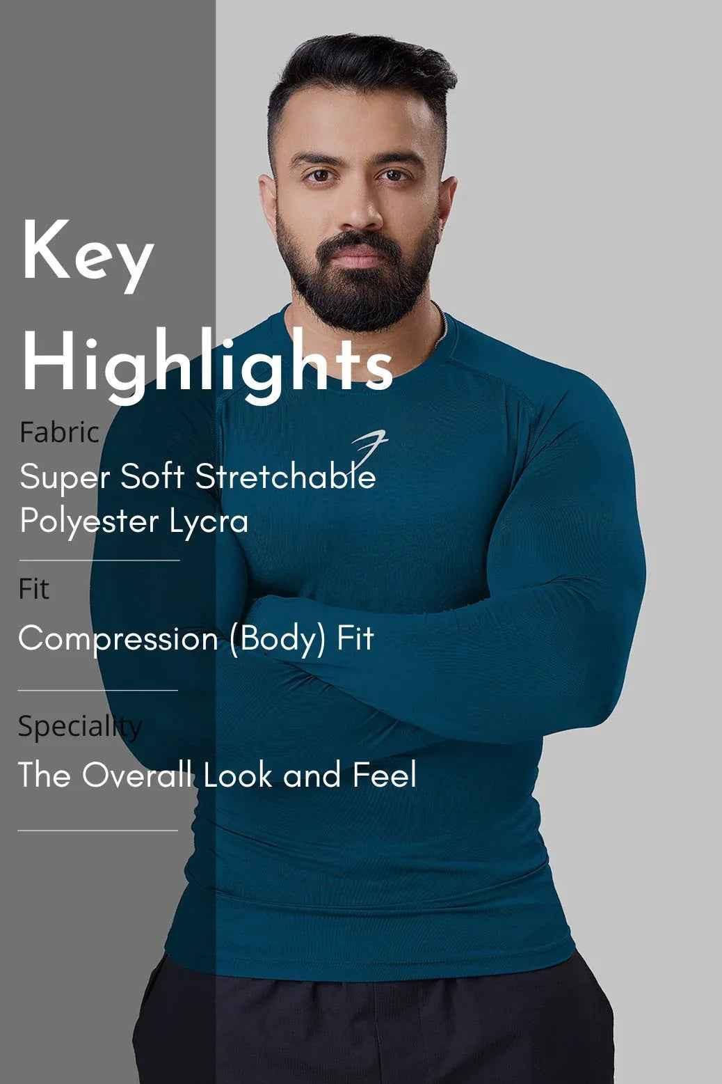 Men's teal compression long sleeve shirt by Fuaark Nz, breathable and quick-dry gym top, ideal for active wear and workouts.