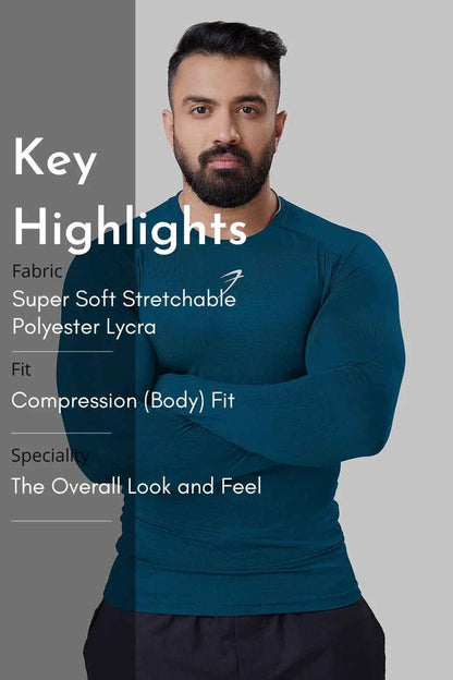 Men's teal compression long sleeve shirt by Fuaark Nz, breathable and quick-dry gym top, ideal for active wear and workouts.