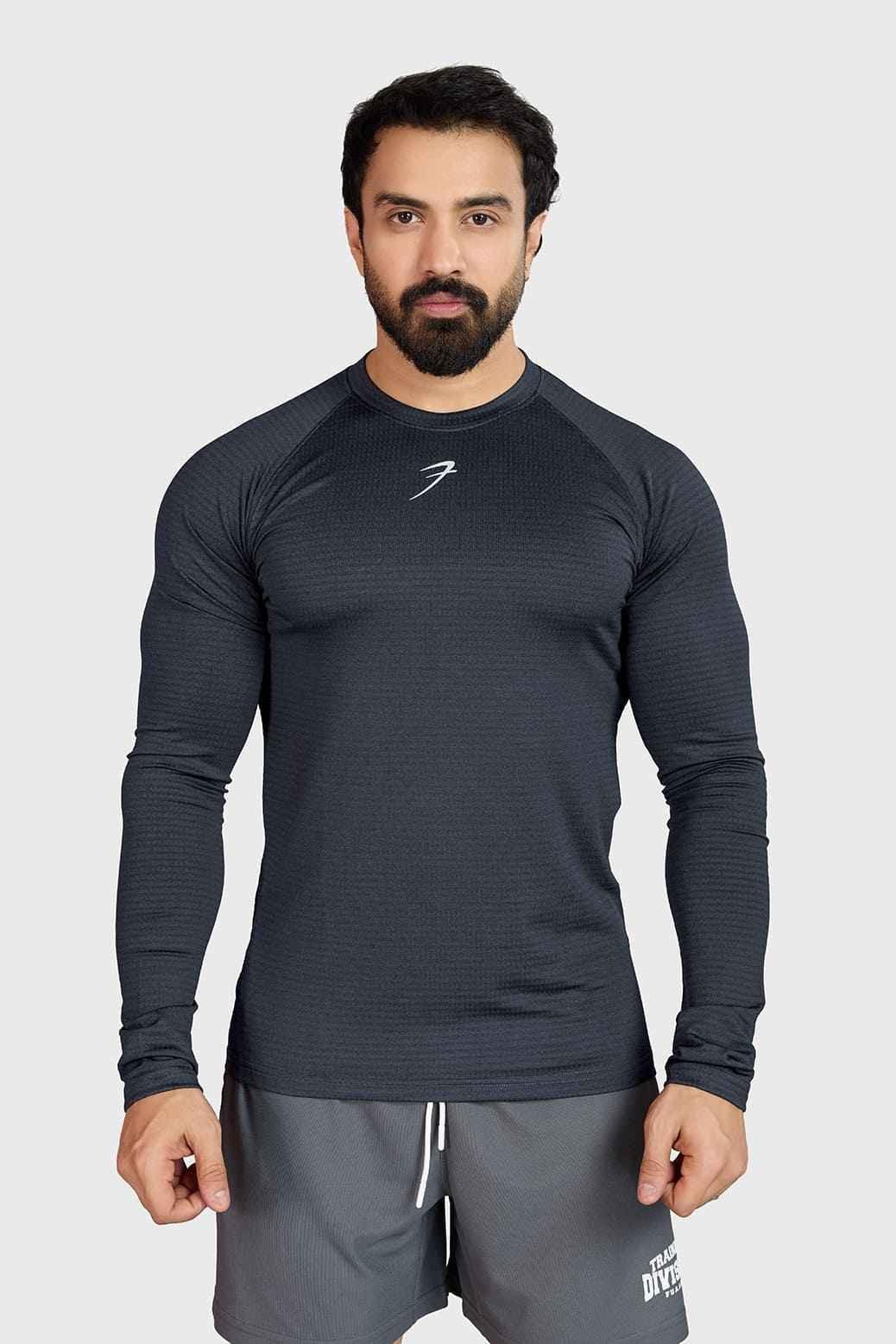 Fuaark NZ Midnight Dark Grey long sleeve t-shirt made of ultra-soft cotton with a tailored fit, displayed on a plain background.