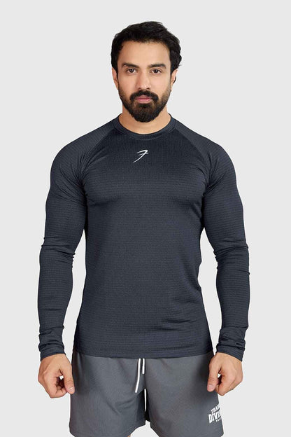 Fuaark NZ Midnight Dark Grey long sleeve t-shirt made of ultra-soft cotton with a tailored fit, displayed on a plain background.