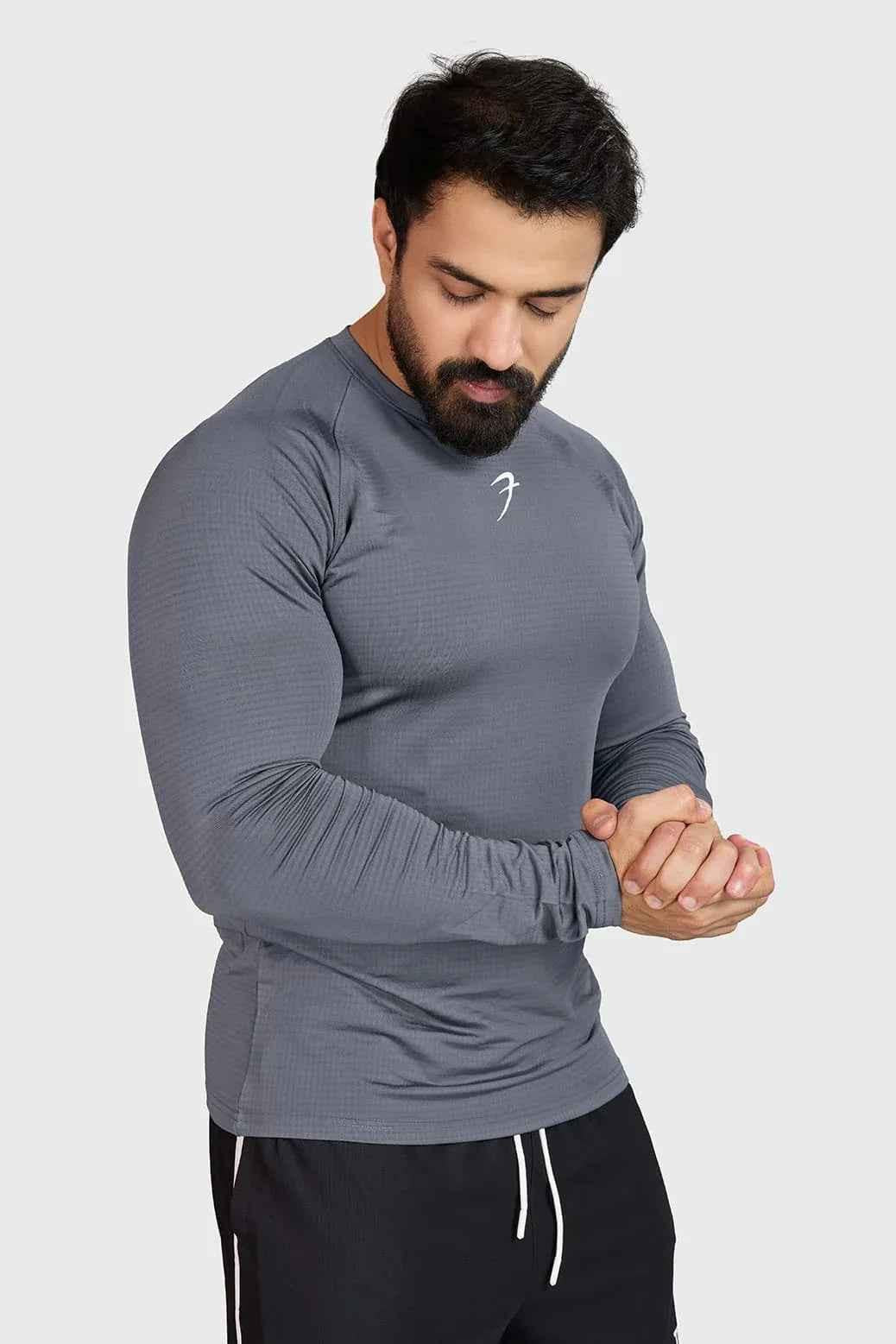 Light grey Midnight full-sleeves T-shirt by Fuaark Nz, showing a close-up of the soft fabric and classic fit.