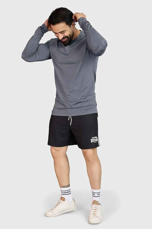 Light grey Midnight full-sleeves T-shirt by Fuaark Nz, shown on a hanger with a casual fit and soft fabric texture.