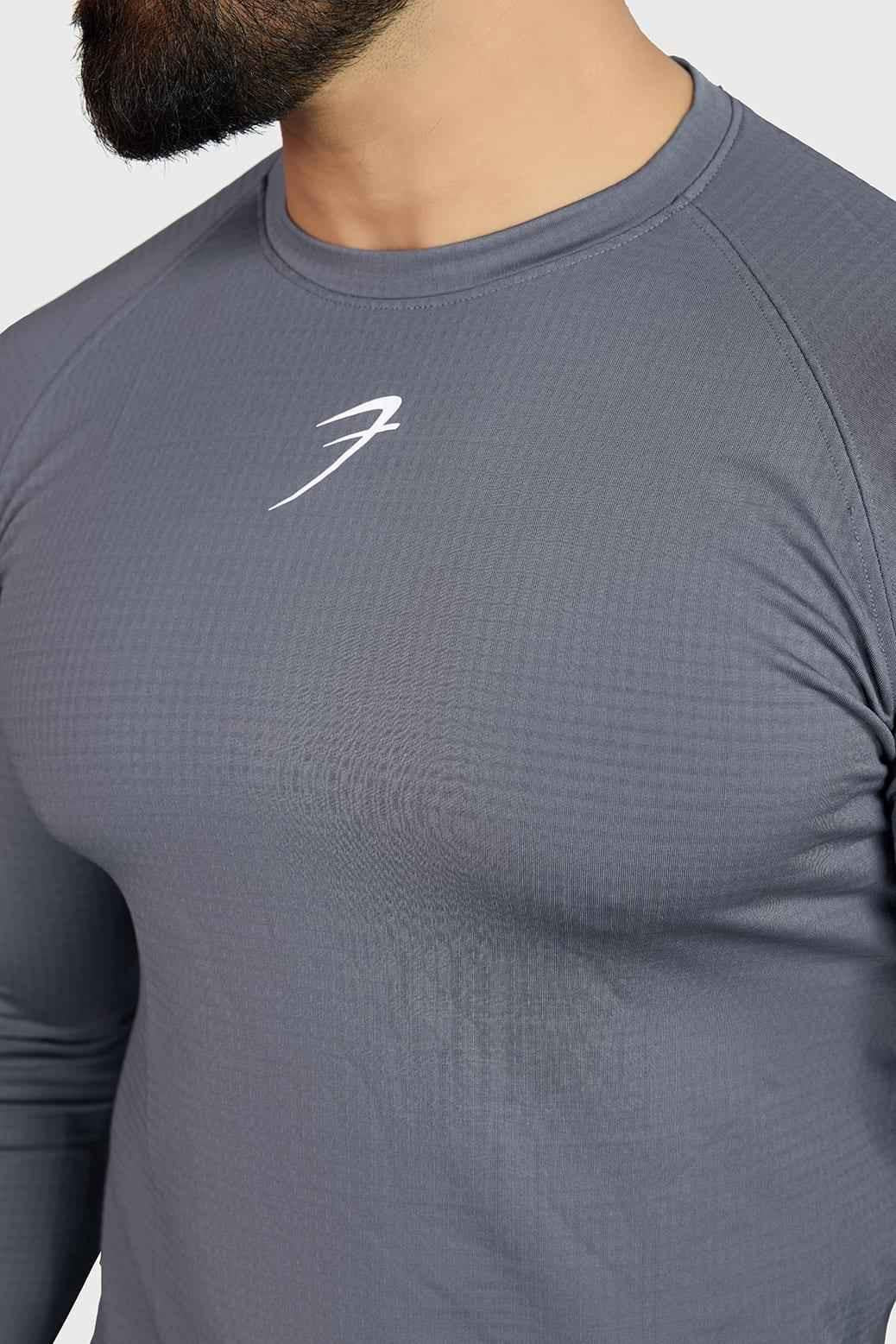 Light grey Fuaark Nz full-sleeves T-shirt with a sleek design, showcasing the comfortable fit and soft fabric.