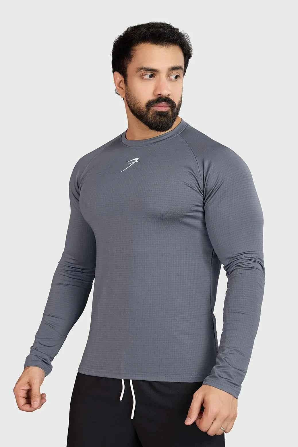 Light grey Fuaark Nz Midnight full-sleeves T-shirt displayed on a hanger, showcasing its casual style and fabric texture.