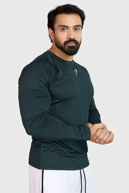Sea green Fuaark Nz full-sleeve T-shirt with a fitted design, shown on a plain background.