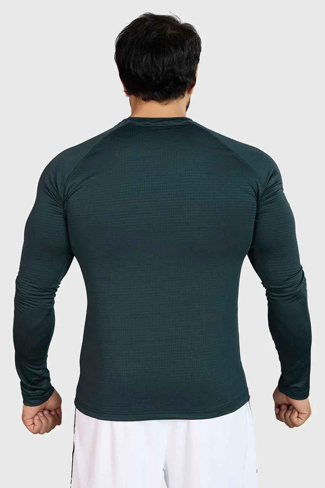 Sea green full-sleeve T-shirt by Fuaark Nz, featuring a comfortable fit and casual style, shown on a model.