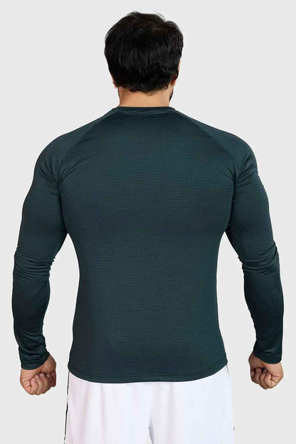 Sea green full-sleeve T-shirt by Fuaark Nz, featuring a comfortable fit and casual style, shown on a model.