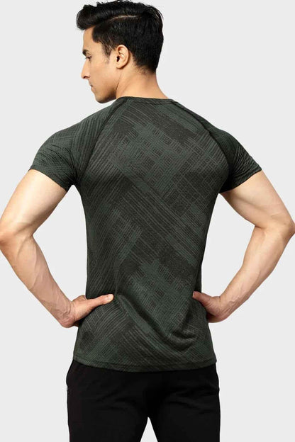 Green Ozone Jacquard T-shirt by Fuaark Nz, showing the detailed textured fabric and classic fit design.