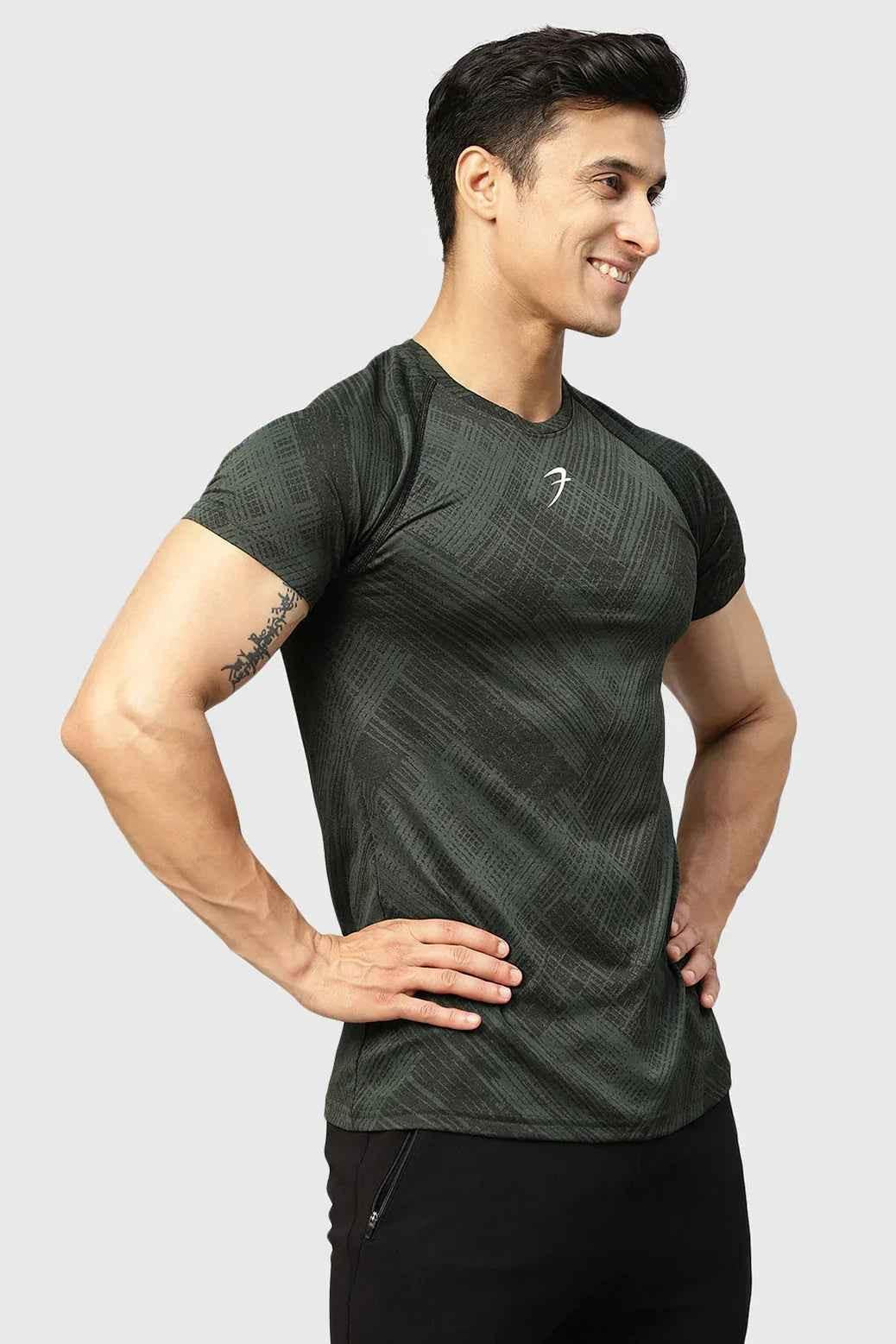 Green Ozone Jacquard T-shirt by Fuaark Nz, showing detailed fabric pattern and classic T-shirt design.