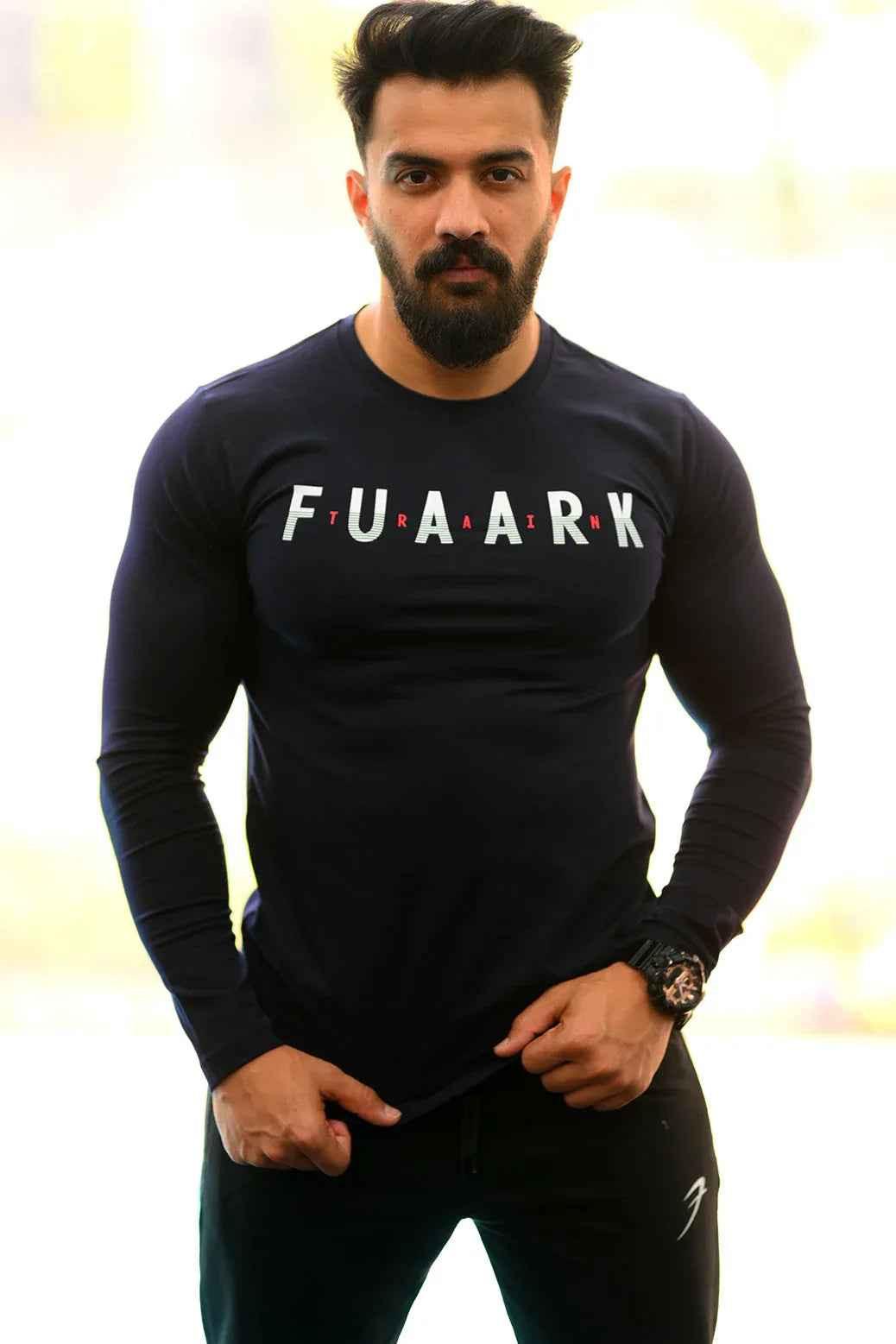 Navy Peak Fullsleeves T-shirt by Fuaark NZ, shown laid flat with long sleeves and round neckline.