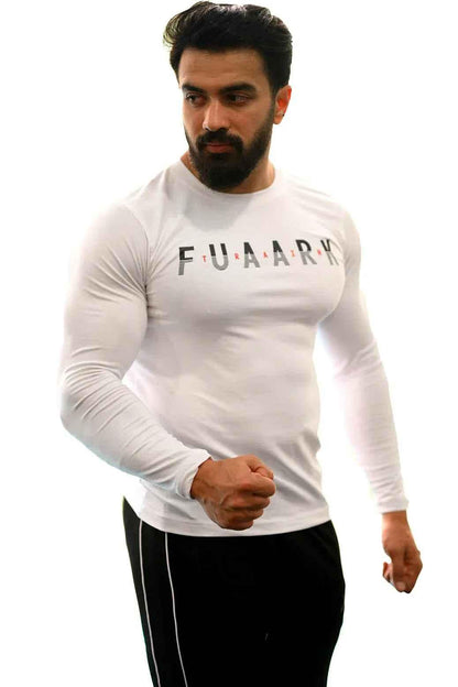 White Peak Fullsleeves T-shirt by Fuaark NZ, shown on a model, featuring a comfortable fit and classic design.