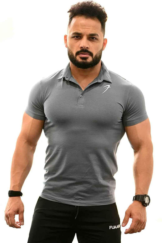 Grey Polo T-shirt from Fuaark Nz, casual short-sleeve shirt with a classic collar and subtle branding, displayed flat.
