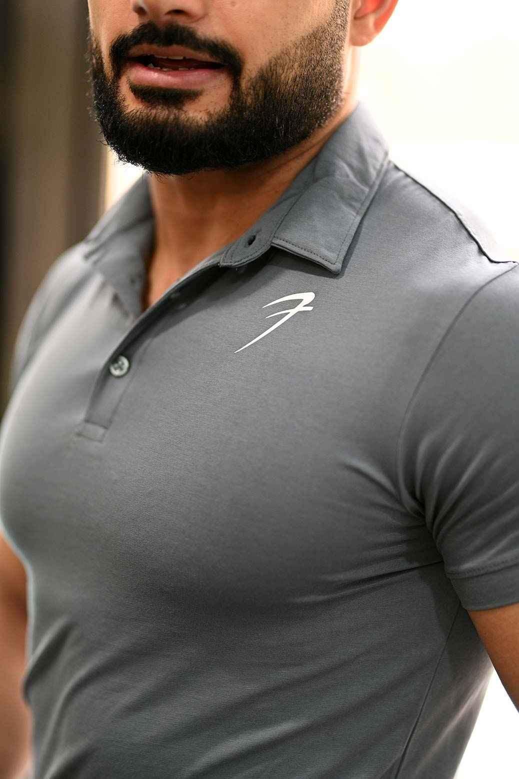 Grey Polo T-shirt from Fuaark Nz, casual men's T-shirt with a classic collar and short sleeves, displayed on a plain background.