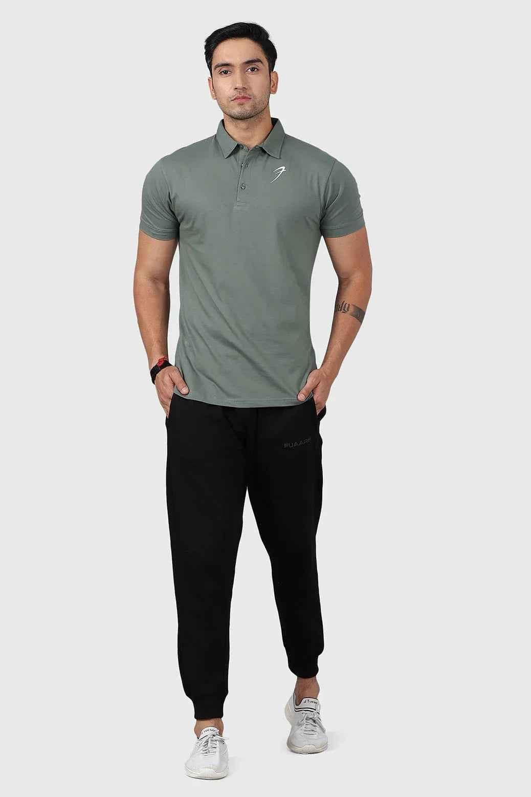 Sage green Polo T-shirt by Fuaark Nz, casual short-sleeve t-shirt with classic collar and button placket.