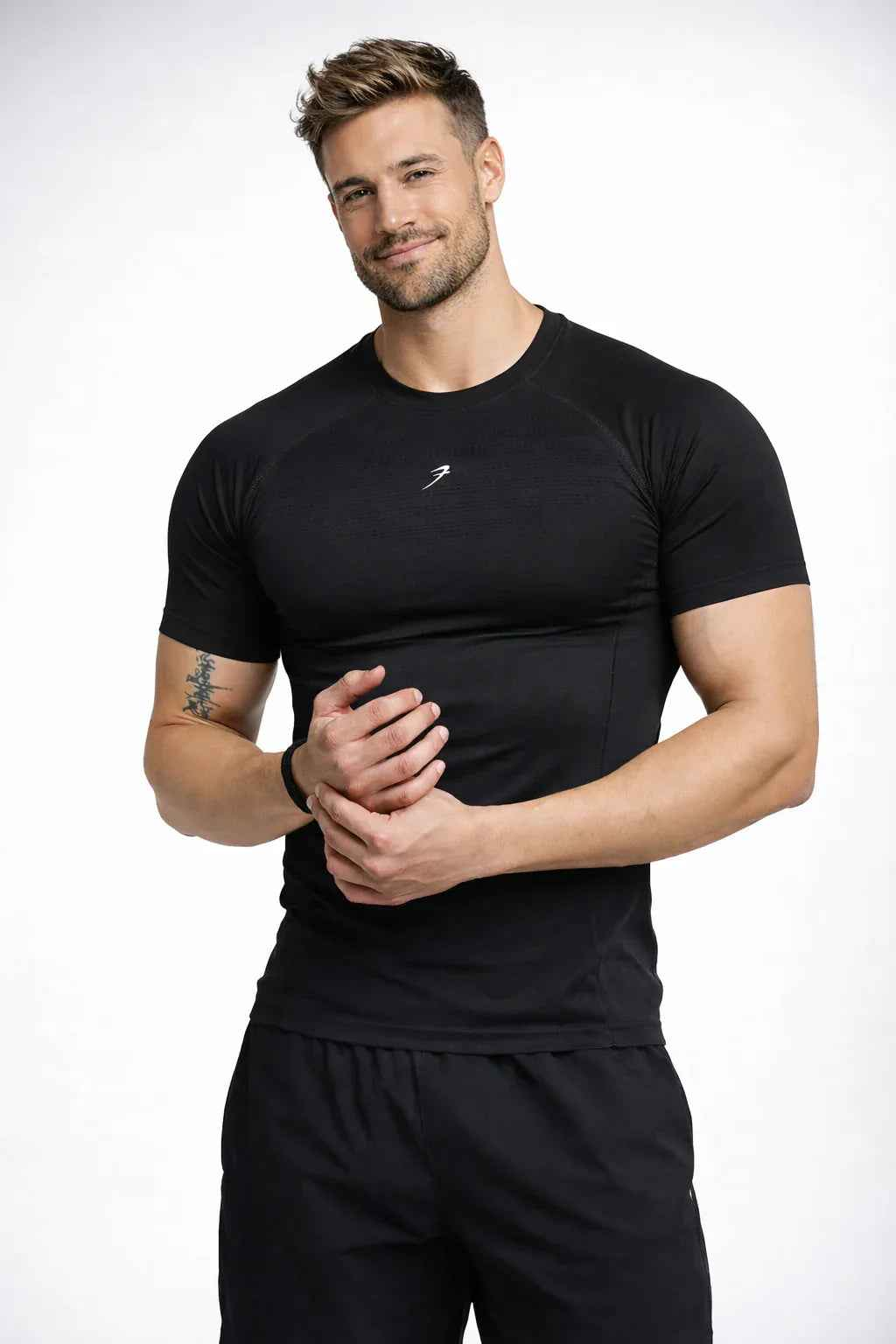 Fuaark NZ Power Black Seamless Workout T-Shirt for men, moisture-wicking fabric with 4-way stretch, designed for active comfort.