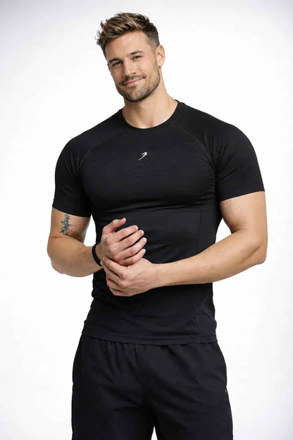 Fuaark NZ Power Black Seamless Workout T-Shirt for men, moisture-wicking fabric with 4-way stretch, designed for active comfort.