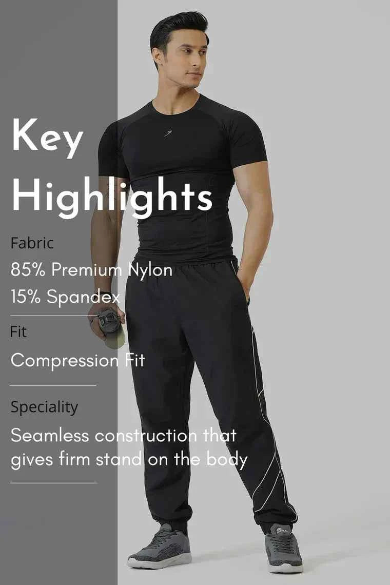 Fuaark NZ Power Black Seamless Workout T-Shirt for men, moisture-wicking and 4-way stretch fabric, designed for comfort during exercise.