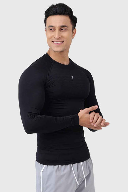 Black Fuaark Nz Power Seamless Full Sleeves T-Shirt, showcasing a comfortable, fitted design perfect for casual wear.