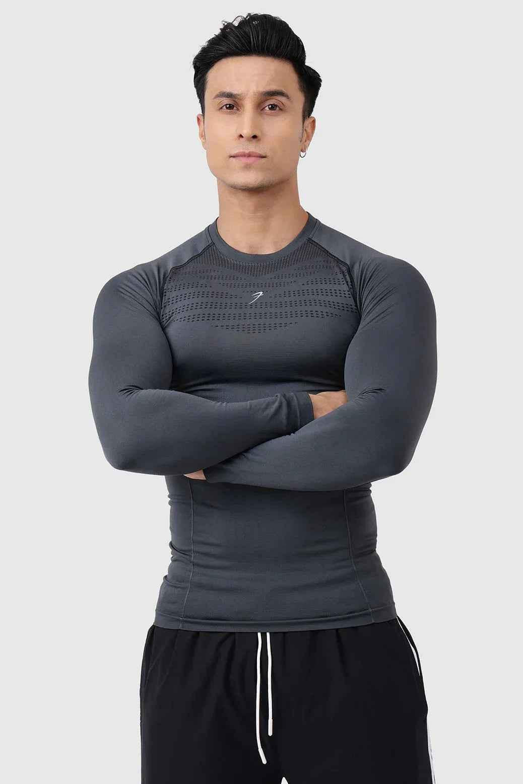 Charcoal Power Seamless Fullsleeves T-shirt by Fuaark NZ, showing the fitted, smooth fabric and long-sleeve design.