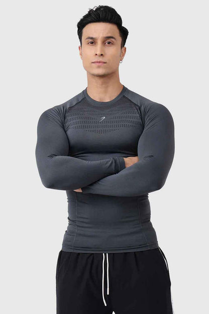 Charcoal Power Seamless Fullsleeves T-shirt by Fuaark NZ, showing the fitted, smooth fabric and long-sleeve design.