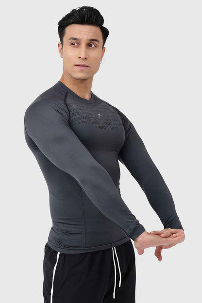 Charcoal Power Seamless Fullsleeves T-shirt by Fuaark Nz, showing the fitted, long-sleeve design with smooth seams and soft fabric.