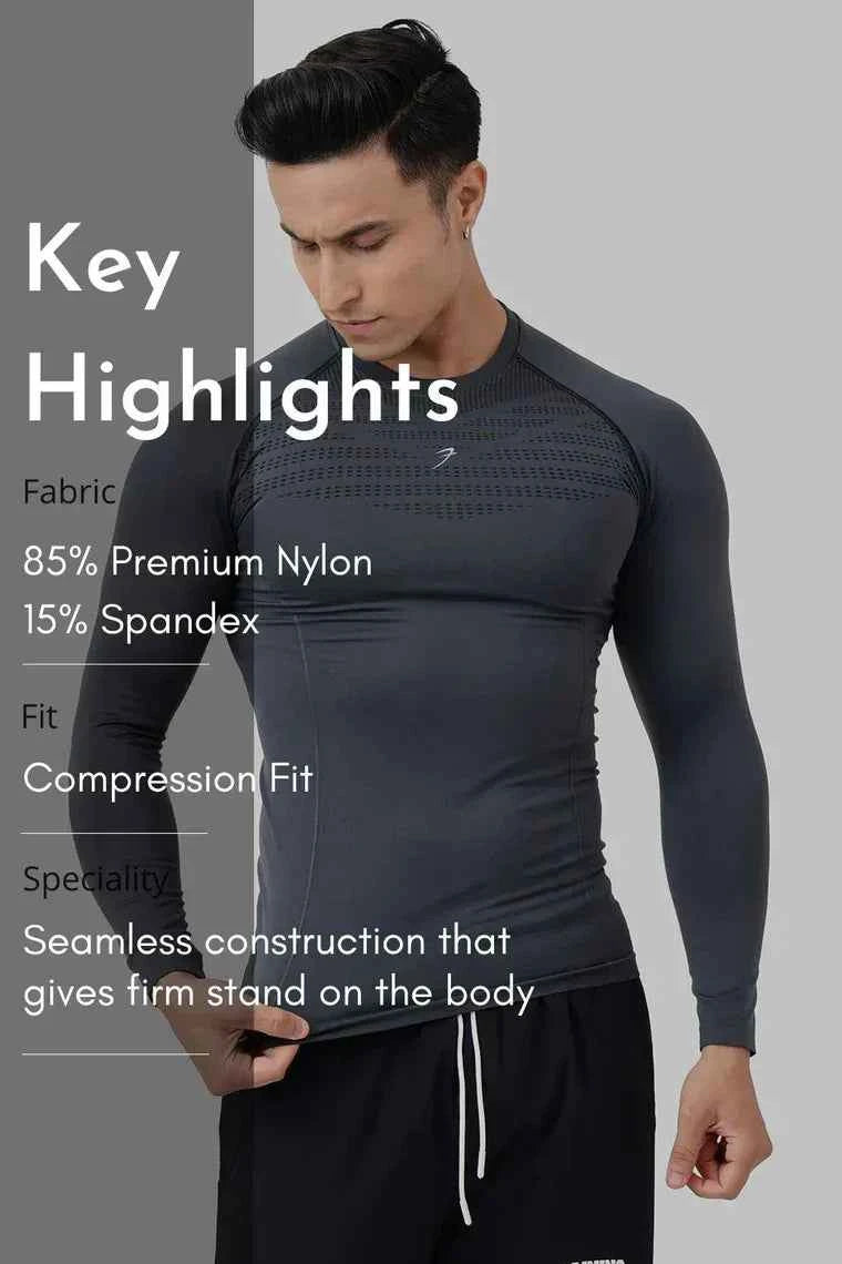 Charcoal Power Seamless Fullsleeves T-shirt by Fuaark NZ, showing a fitted, long-sleeve T-shirt with a smooth, seamless design.