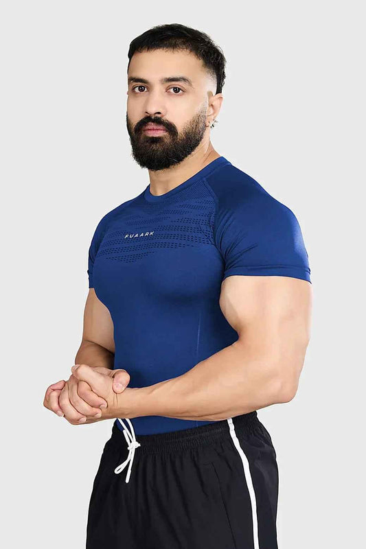 Blue Power Seamless T-shirt by Fuaark NZ, showcasing a fitted, lightweight design with smooth fabric and subtle branding.