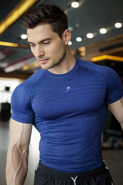 Blue Power Seamless T-shirt by Fuaark Nz with logo, showcasing a fitted, athletic design and breathable fabric.
