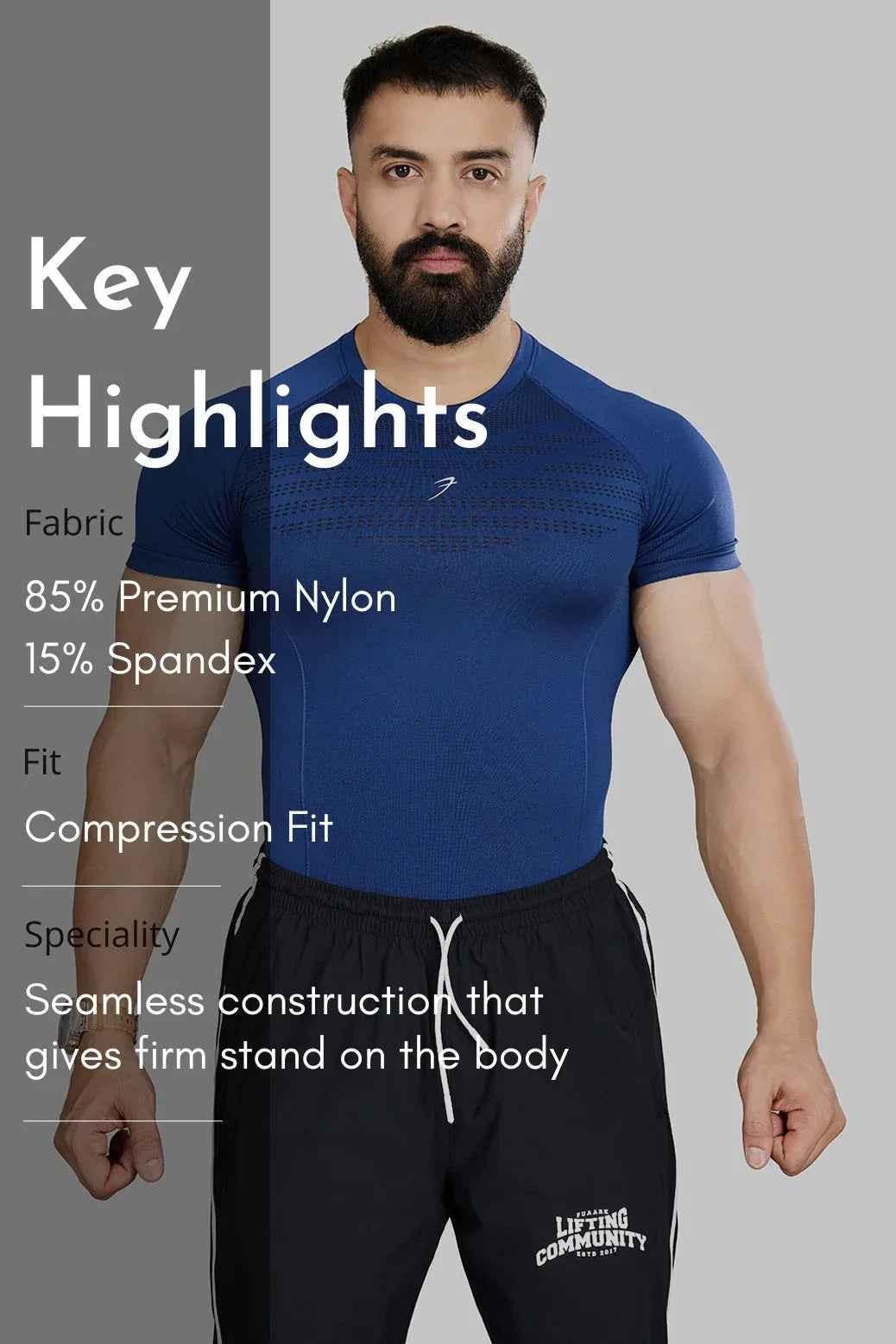 Blue Power Seamless T-shirt by Fuaark Nz featuring a logo, made from breathable, stretchy fabric for active wear.
