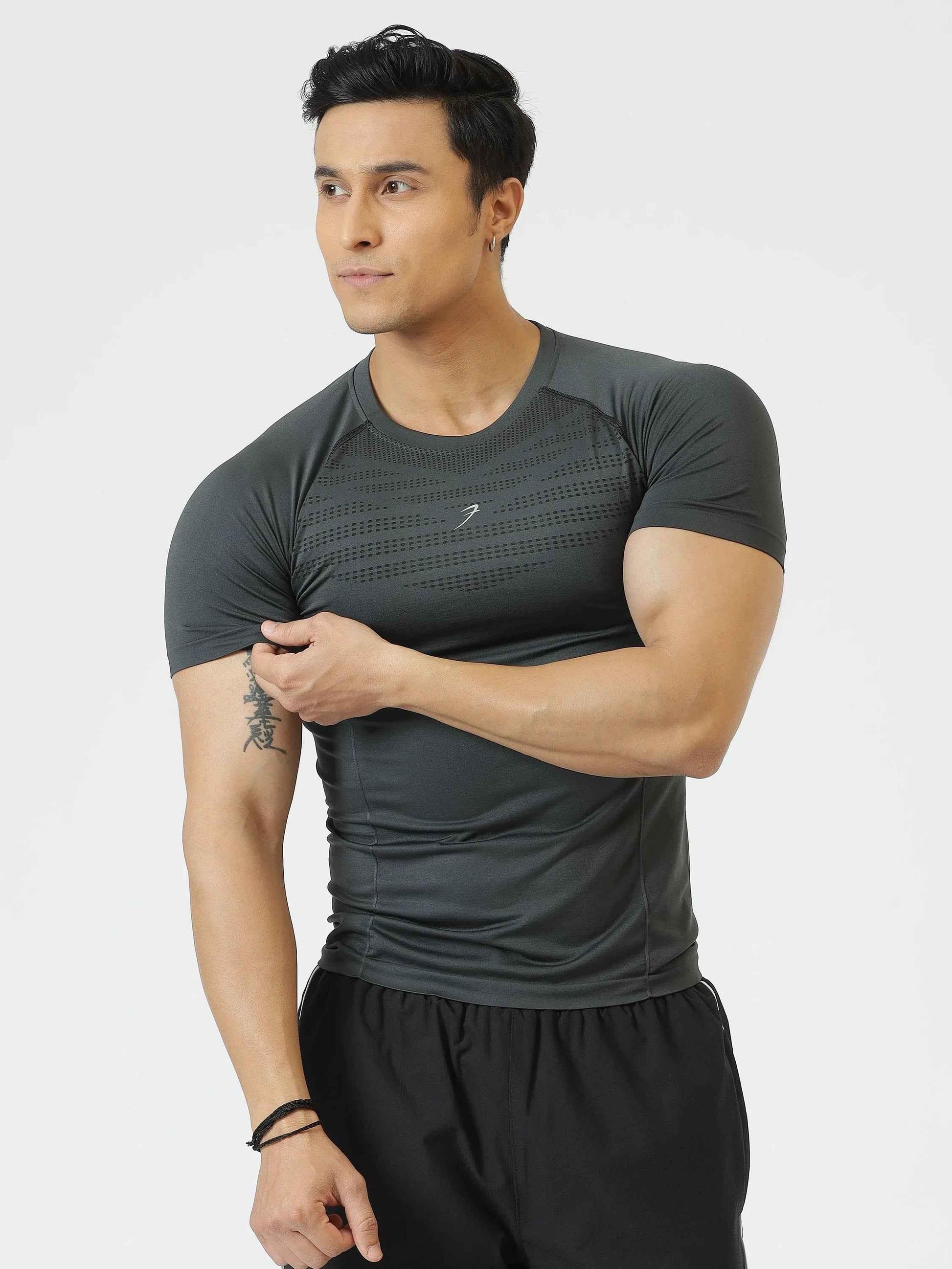 Grey Power Seamless T-shirt by Fuaark Nz, close-up showing soft fabric and fitted style, ideal for active wear.