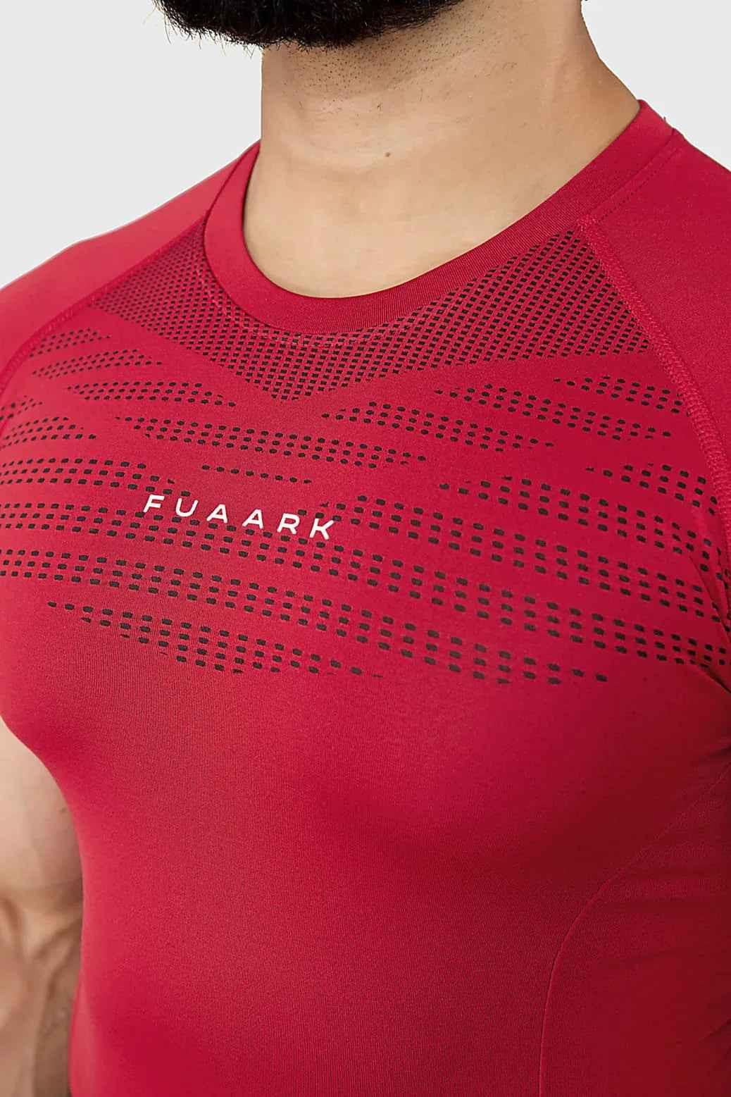 Red Fuaark NZ Power Seamless T-shirt displayed on a mannequin, showcasing its fitted, smooth design and vibrant color.