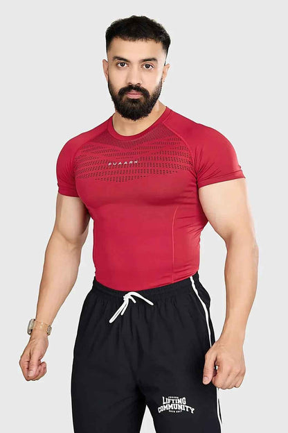 Red Fuaark Nz Power Seamless T-shirt for men, shown flat with close-up of fabric texture and fitted design.