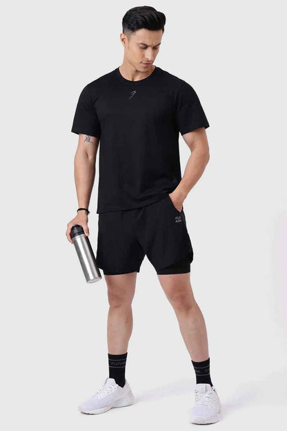 Black Pulse Running T-shirt by Fuaark Nz, made from lightweight fabric, displayed flat with short sleeves and round neckline.
