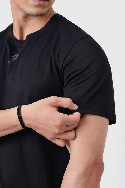 Black Pulse Running T-shirt by Fuaark NZ, lightweight athletic tee with breathable fabric and sporty design.